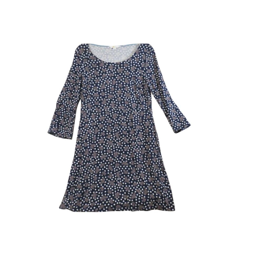 Boden Bird & Star Print Knit Dress US 10 Navy 3/4 Sleeve Whimsical Teacher